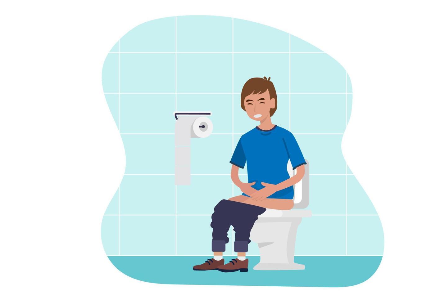 Man sitting in the toilet, suffering of diarrhea and abdominal pain, stomach, internal organs, vector