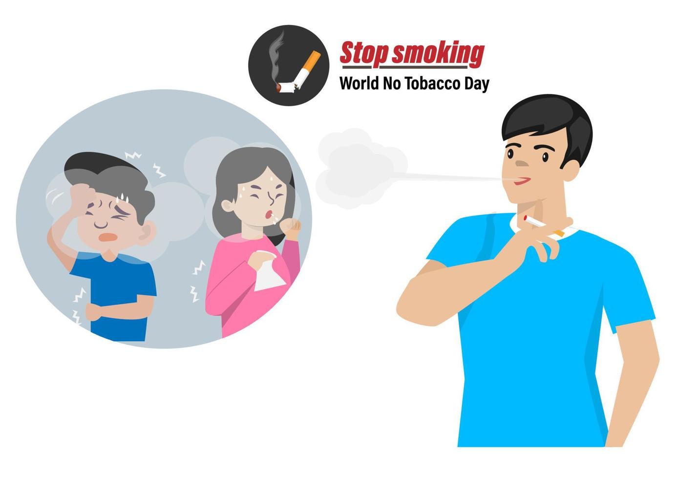 Smoking in public places Cause air pollution, cigarette smoke will do harm to others. Poses a risk of illness, world smoke-free day concept vector