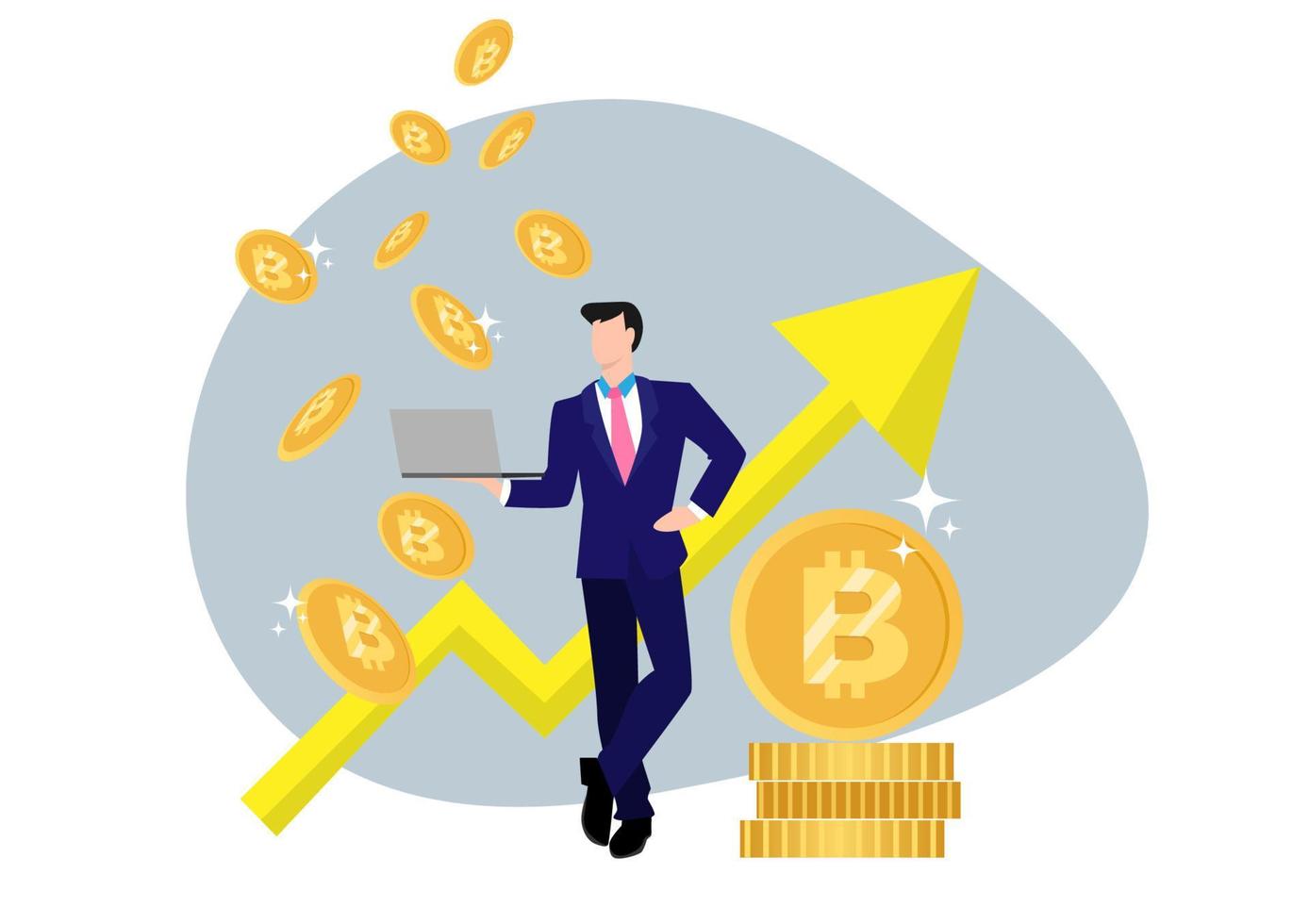 Young businessman's bitcoin concept vector illustration That use the laptop For online fundraising and investing for bitcoin and blockchain, simple design of new technology