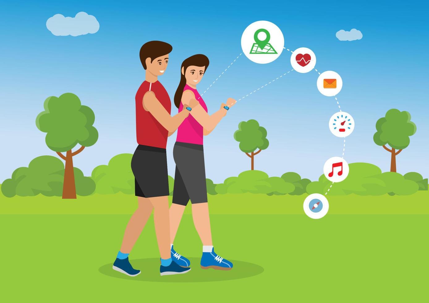 Marathon runners chat and review smartwatches by touching the screen. Running tracker has a smart watch app review icon cartoon vector illustration