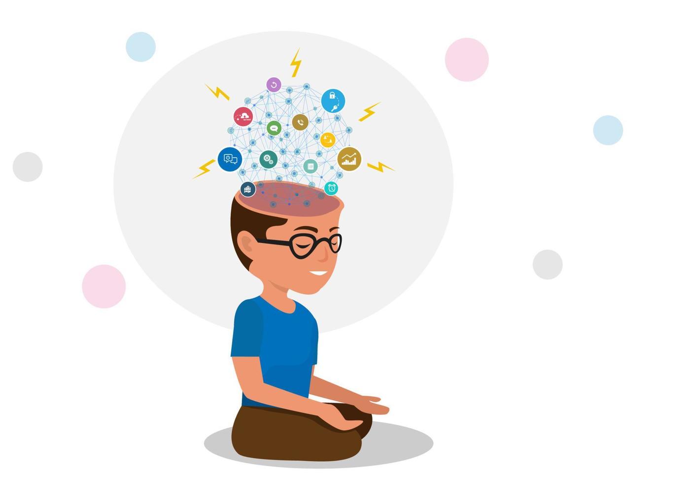 Image of a man in meditation with an open brain It is the connection point of thought. And business mechanism And various secrets. Flat style cartoon illustration vector. vector