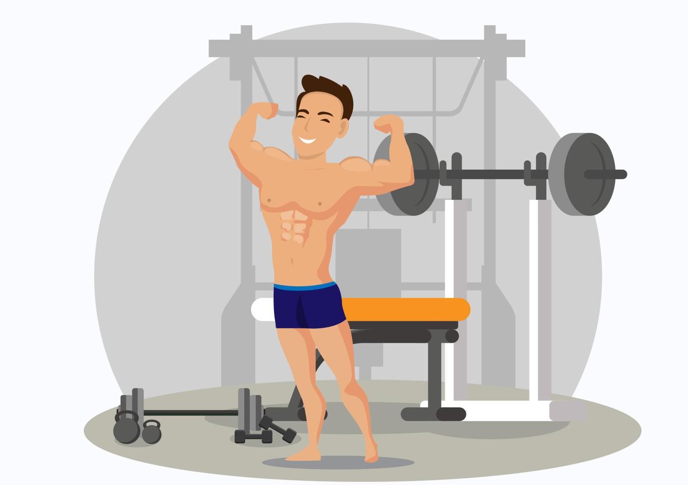 A young man shows off the muscles he has been working on in the fitness room. Healthy active lifestyle. Flat style cartoon illustration vector