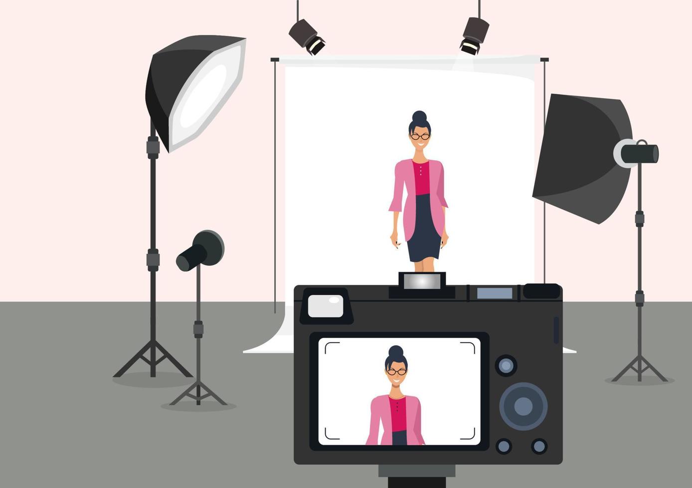 Beautiful model in fashion photo studio with viewfinder behind the camera. image on white background with bright lights, cartoon illustration, flat style, vector