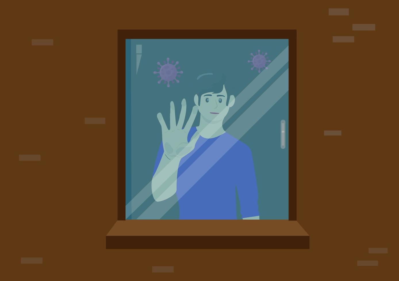 Man is quarantined after contracting coronavirus and hospital beds are full. he looks sad from the window covid-19 concept work from home health care quarantine vector cartoon image