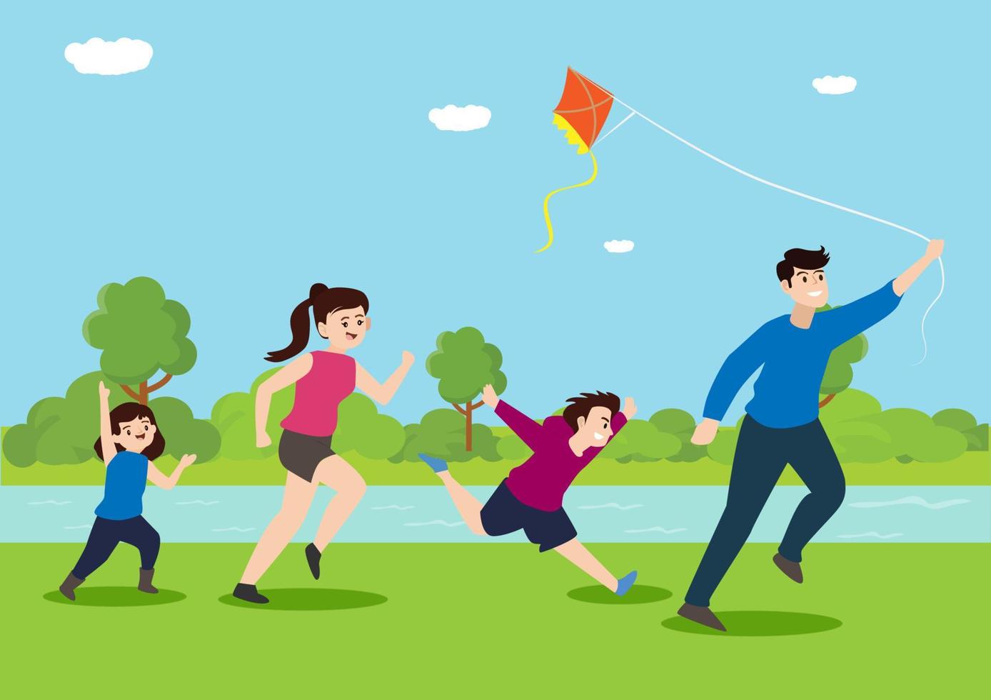 A happy family with two children having fun while flying kites on a family holiday. young family flying a kite vector cartoon illustration