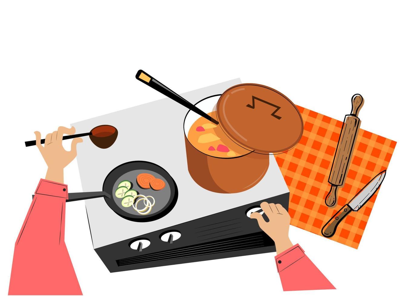 young man's hand He was cooking the broth in a boiling pot. vector cartoon flat style illustration