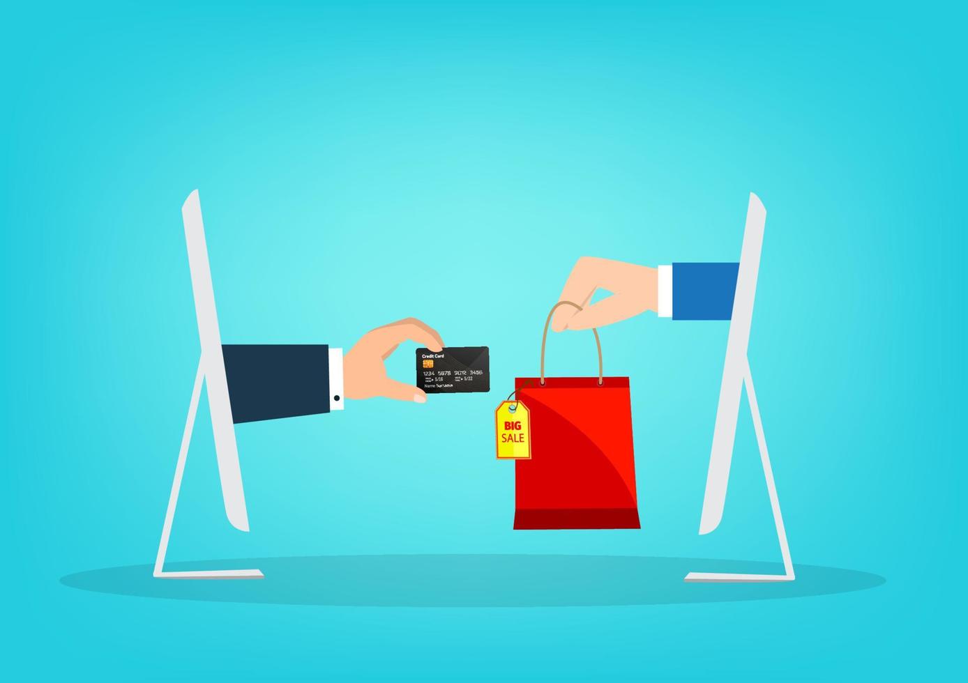 el concepto de tienda en línea transfiere dinero de tarjeta, tarjeta bancaria, compras y pedidos con fondo azul. ilustración vectorial vector