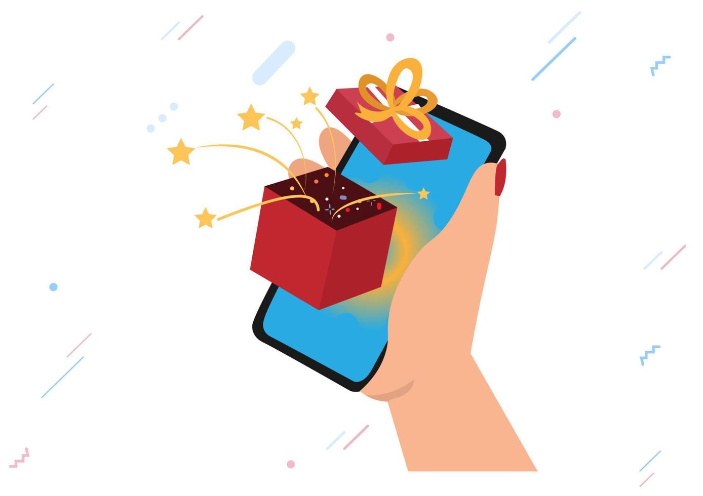 Mobile phone with gift box in it. Give out gifts. Social network communication concept. Vector illustration for mobile application or website and banner design.