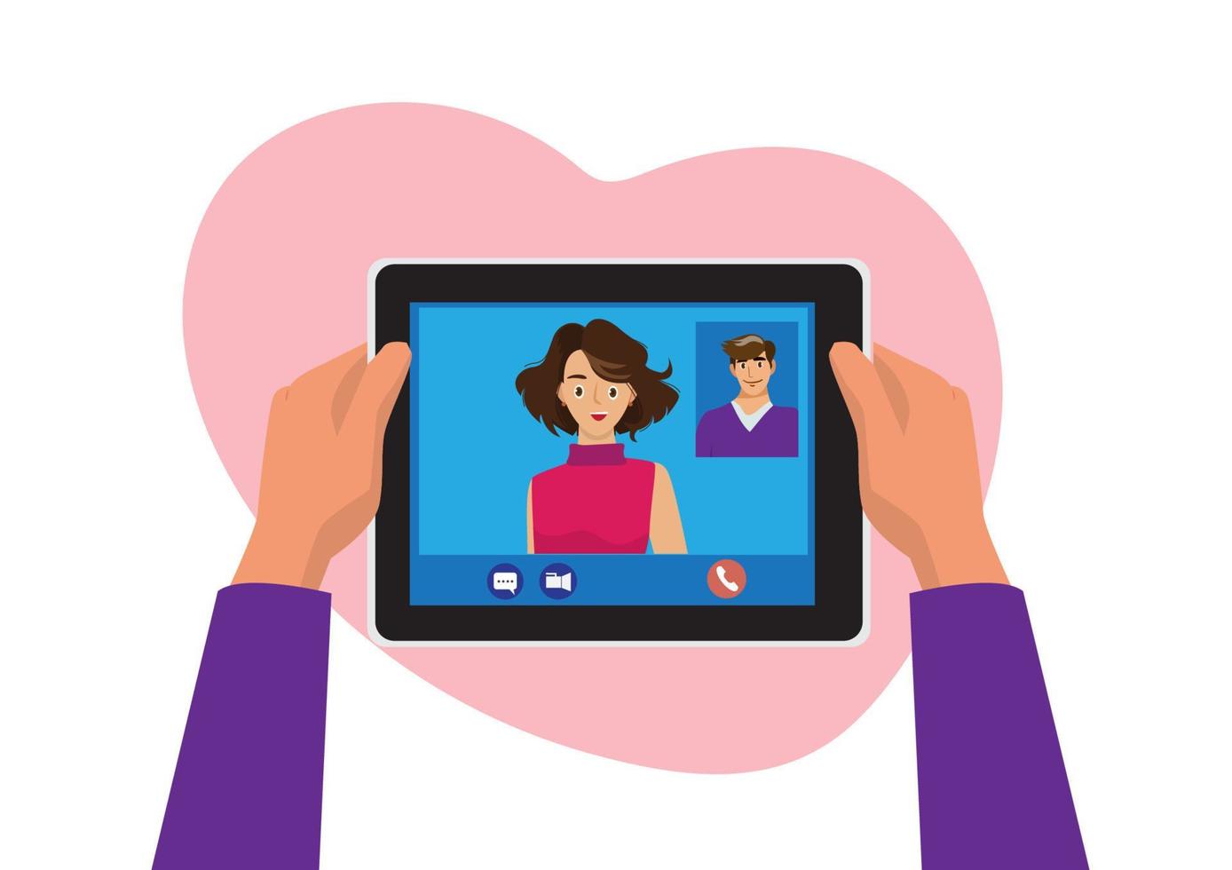 video call concept Video call with your loved ones Man holding tablet while talking face to face on screen. Flat style cartoon vector illustration.
