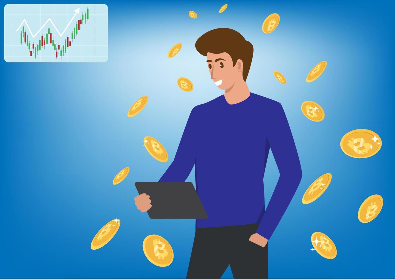 Ideas for making money from playing stocks and crypto coins concept of marketing and management Increased money. Isolated vector illustration in cartoon style.