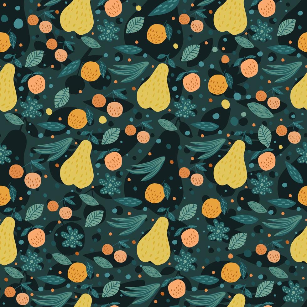 Fruits seamless pattern. Cherry berries, apples, pears and leaves hand drawn wallpaper. vector