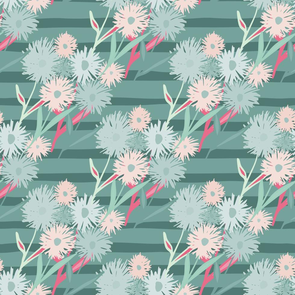 Dandelion bouquets seamless pattern. Botanic ornament in blue and pink tones. Turquoise stripped background. vector