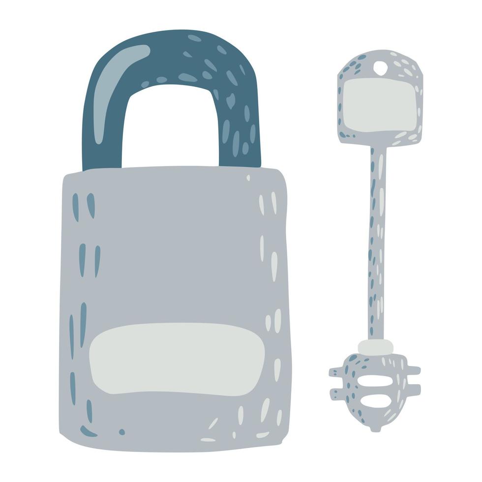 Kit key and lock isolated on white background. Abstract element blue color for door in doodle. vector