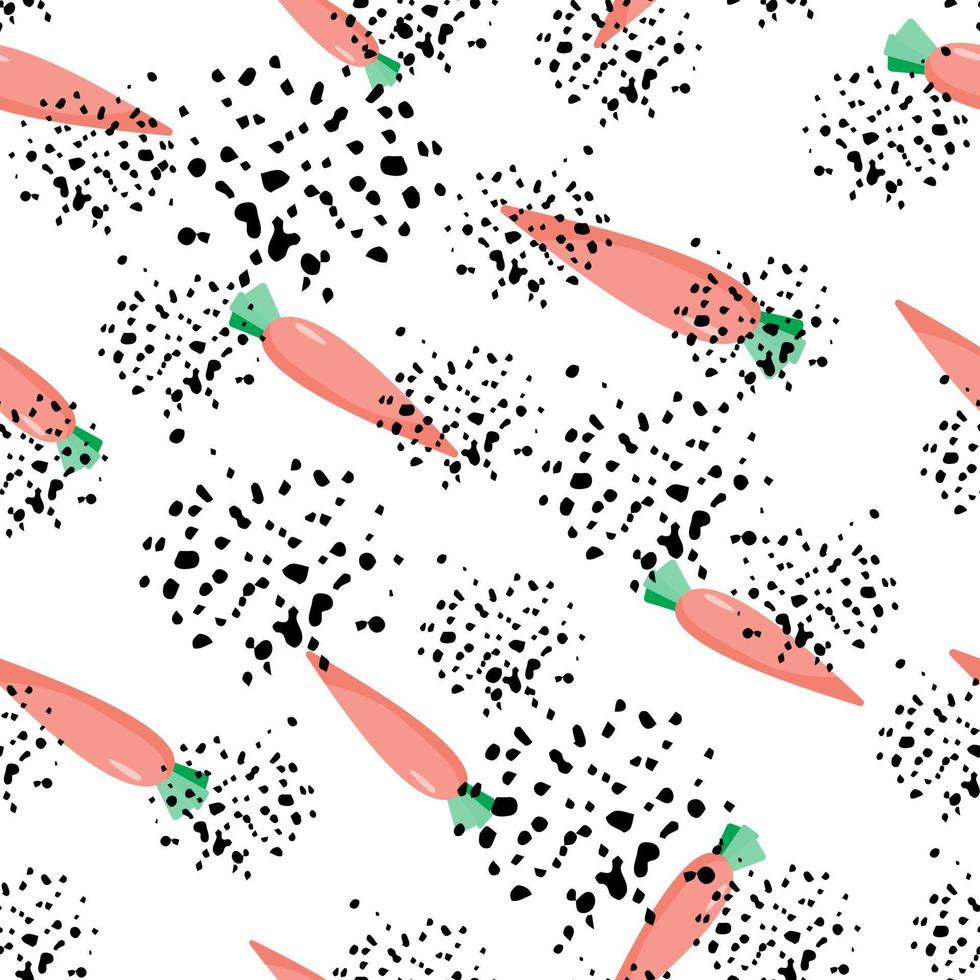 Ripe orange carrot seamless pattern on black dots background. Botanical wallpaper. vector