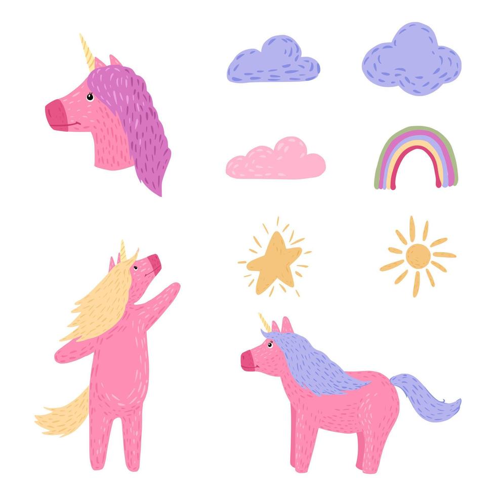 establecer unicornios sobre fondo blanco. dibujos animados lindo personaje unicornio, arco iris, sol, estrella, nube en garabato. vector
