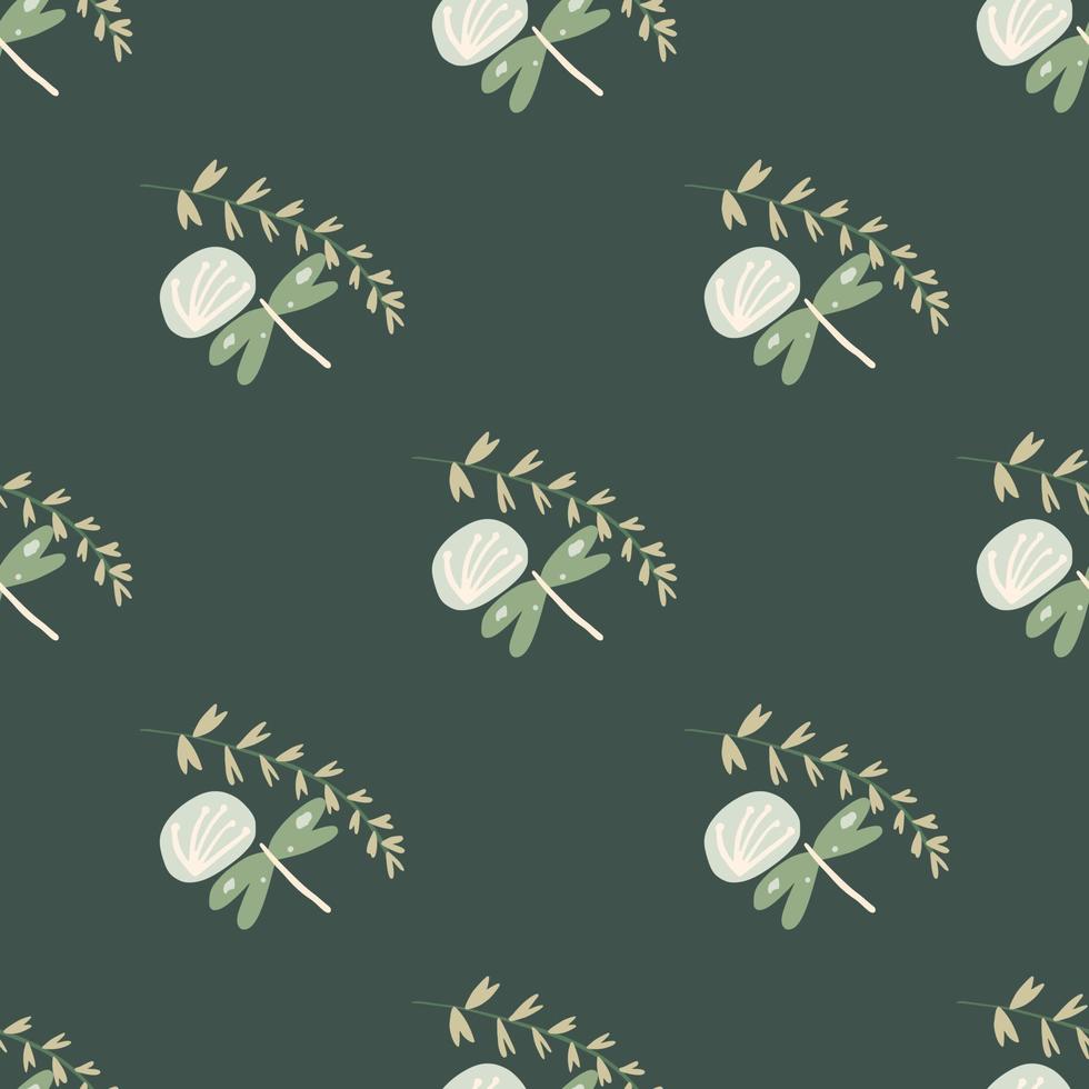Botanic print pattern with damselfly, blowball and twig. Green background. vector
