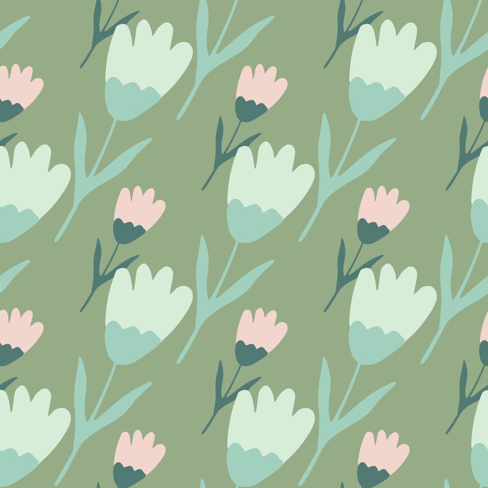 Geometric tulip seamless pattern on green background. Abstract floral backdrop. Summer flower wallpaper. vector