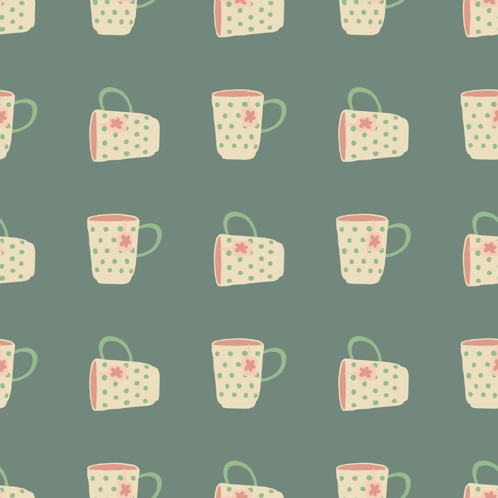 Hand drawn seamless cup pattern. Simple dishes silhouettes on grey background. vector