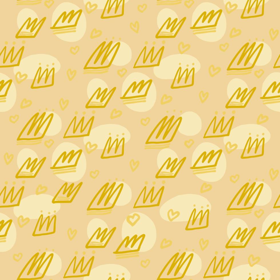 Seamless doodle random pattern with crown elements. Outline ornament with yellow contour on pastel light background. vector