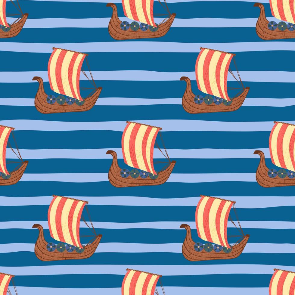 Bright red colored boat shapes seamless doodle pattern. Blue stripped background. Ocean backdrop. vector