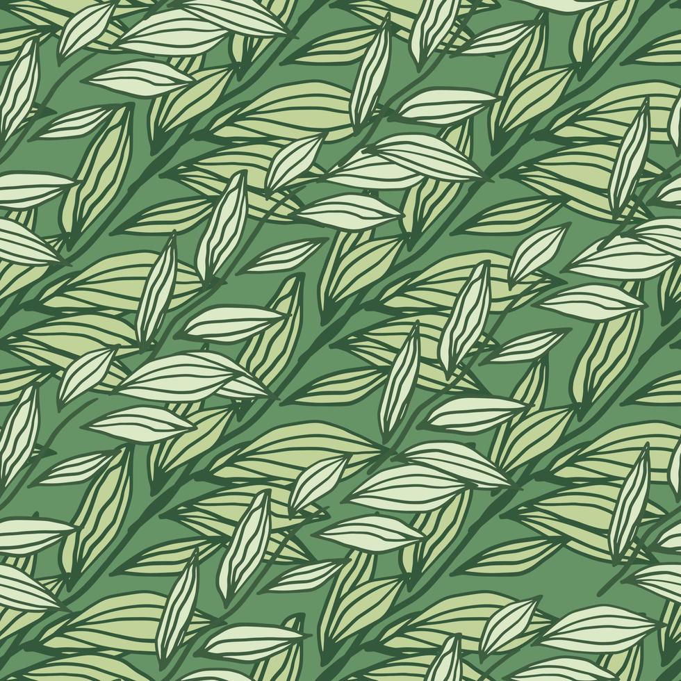 Pastel green tones seamless pattern with outline leaves ornament. Simple floral backdrop. vector