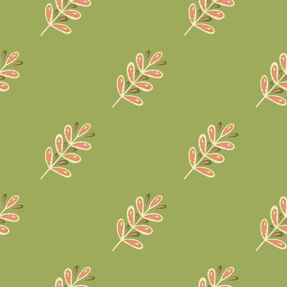 Seamless pattern in dark tones with doodle leaf branch ornament. Green background. vector