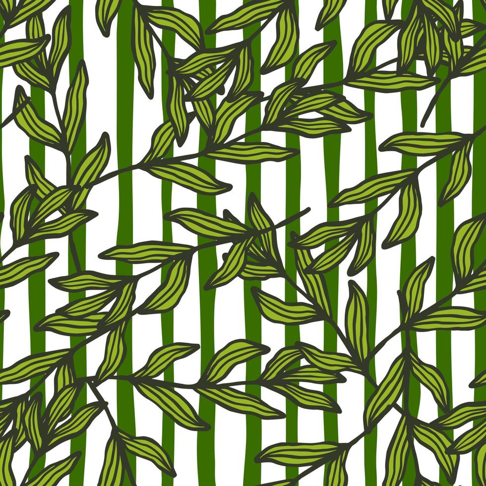 Forest branch with leaves seamless pattern on stripe background. Leaf backdrop. vector