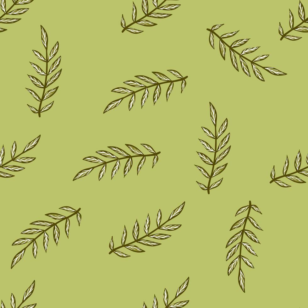 Minimalistic outline seamless pattern with contoured brown branches shapes. Green olive background. Foliage print. vector