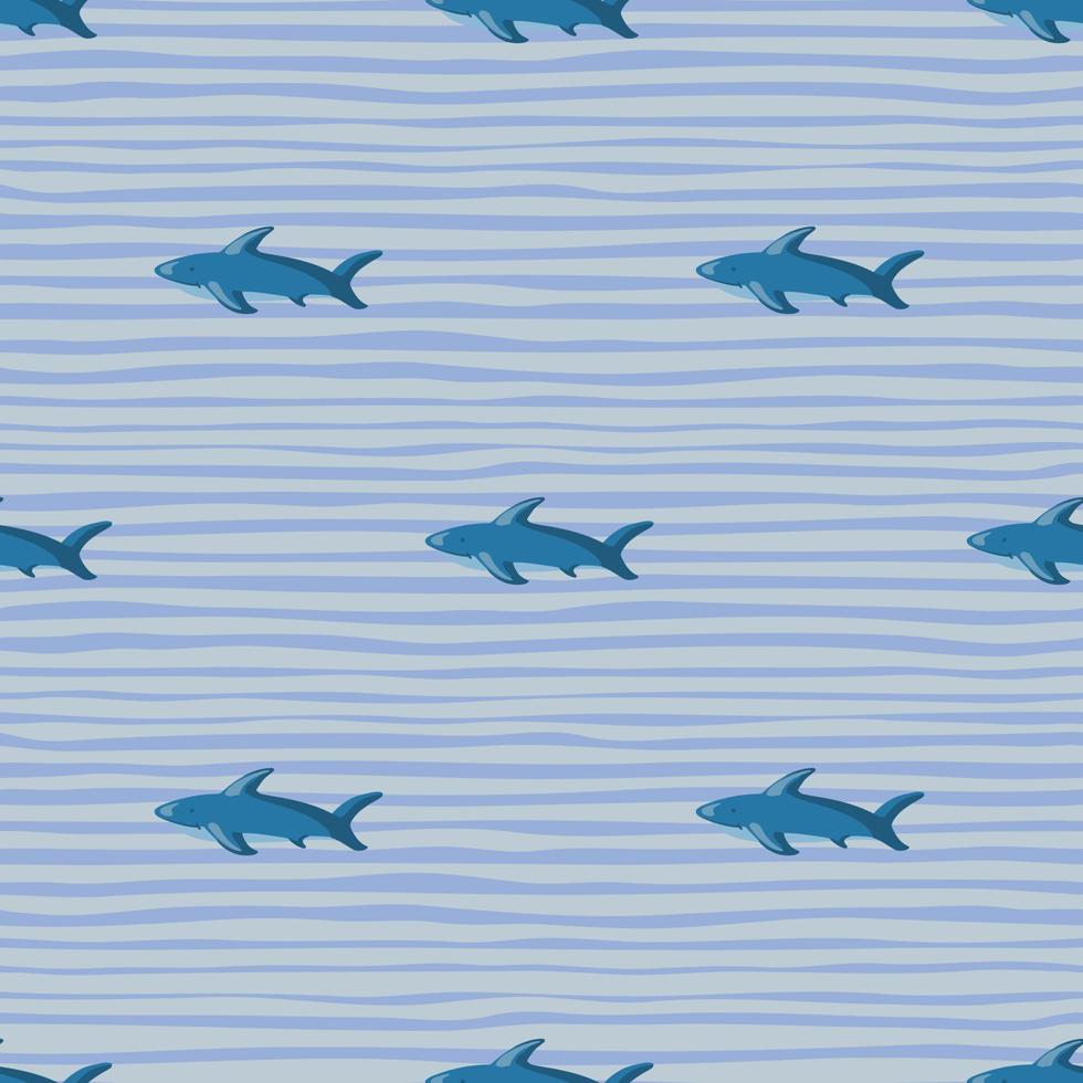 Scrapbook zoo seamless pattern with shark silhouettes print. Striped background. Blue colored backdrop. vector