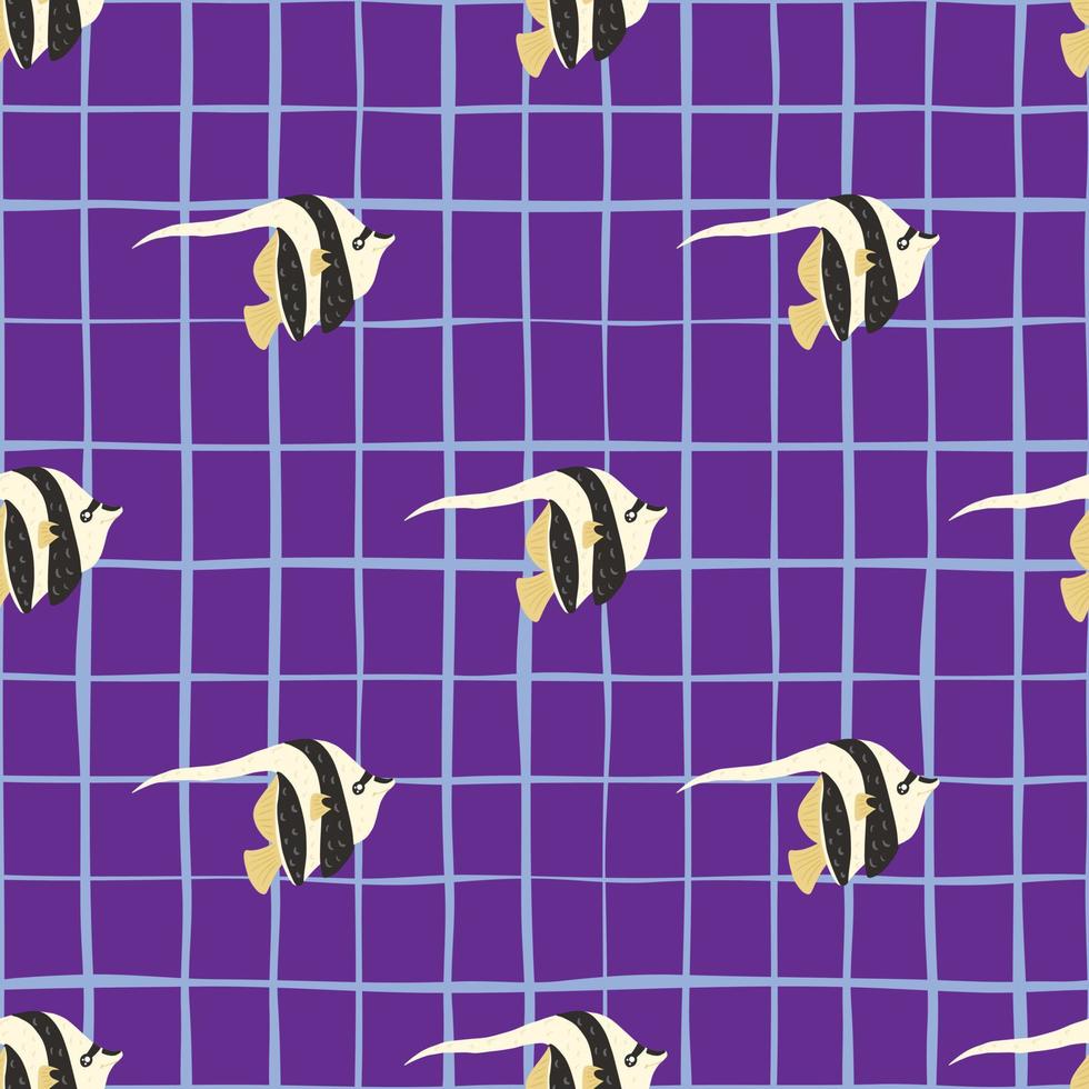 Tropic seamless pattern with imperial angelfish ornament. Purple bright chequered background. vector