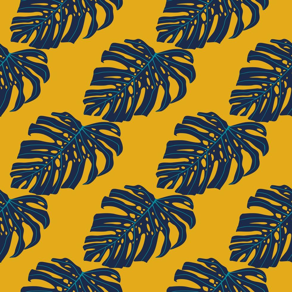 Abstract doodle seamless pattern with navy blue monstera silhouetttes and bright yellow background. vector