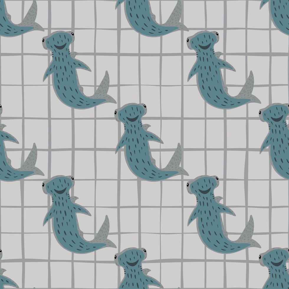 patrón impecable con elementos submarinos de tiburones martillo en color turquesa. fondo gris a cuadros. vector