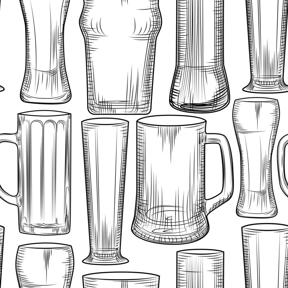 Empty beer mug seamless pattern. Engraving style. Alcoholic beverage design. vector