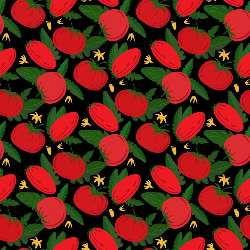 Seamless pattern with red tomatoes on black background. vector