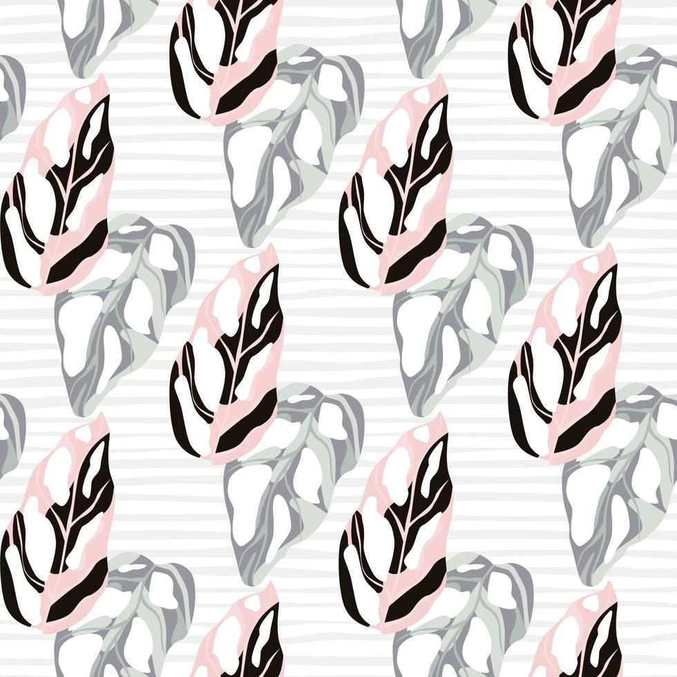 Light seamless botanic pattern with exotic monstera leaves. Tropical floral figures in pastel pink, black and blue tones on stripped background. vector