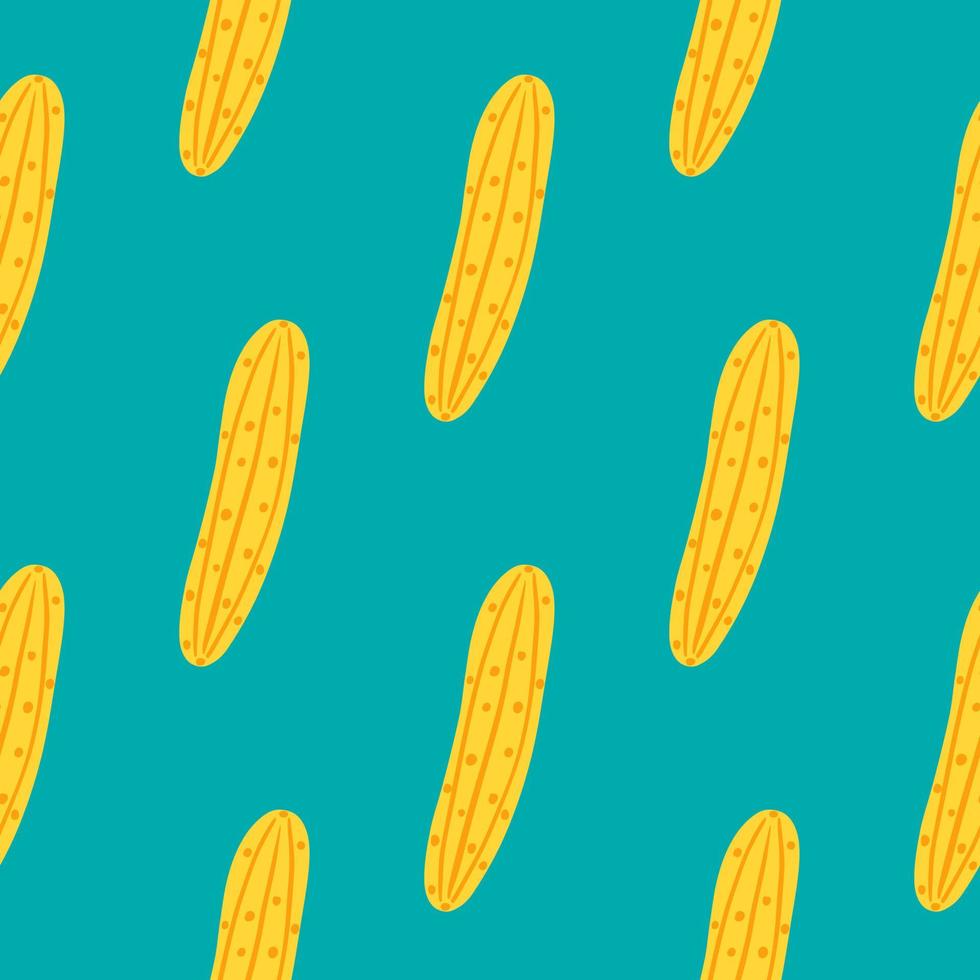 Bright cucumber seamless pattern on green background. Doodle cucumbers vegetable endless wallpaper. vector
