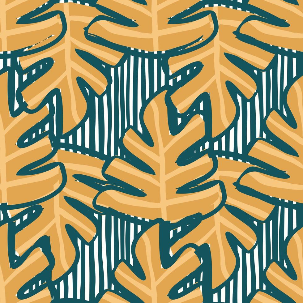 Doodle leaf seamless pattern. Endless botanical texture. Tropical plant leaves on stripes background. . vector