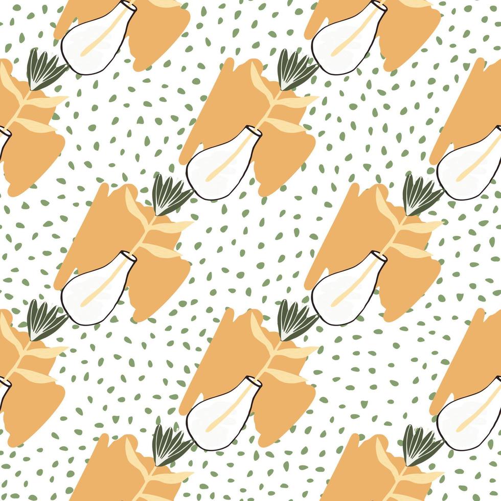Simple flowers in a vase seamless botanic pattern. White background with dots and orange spots. vector
