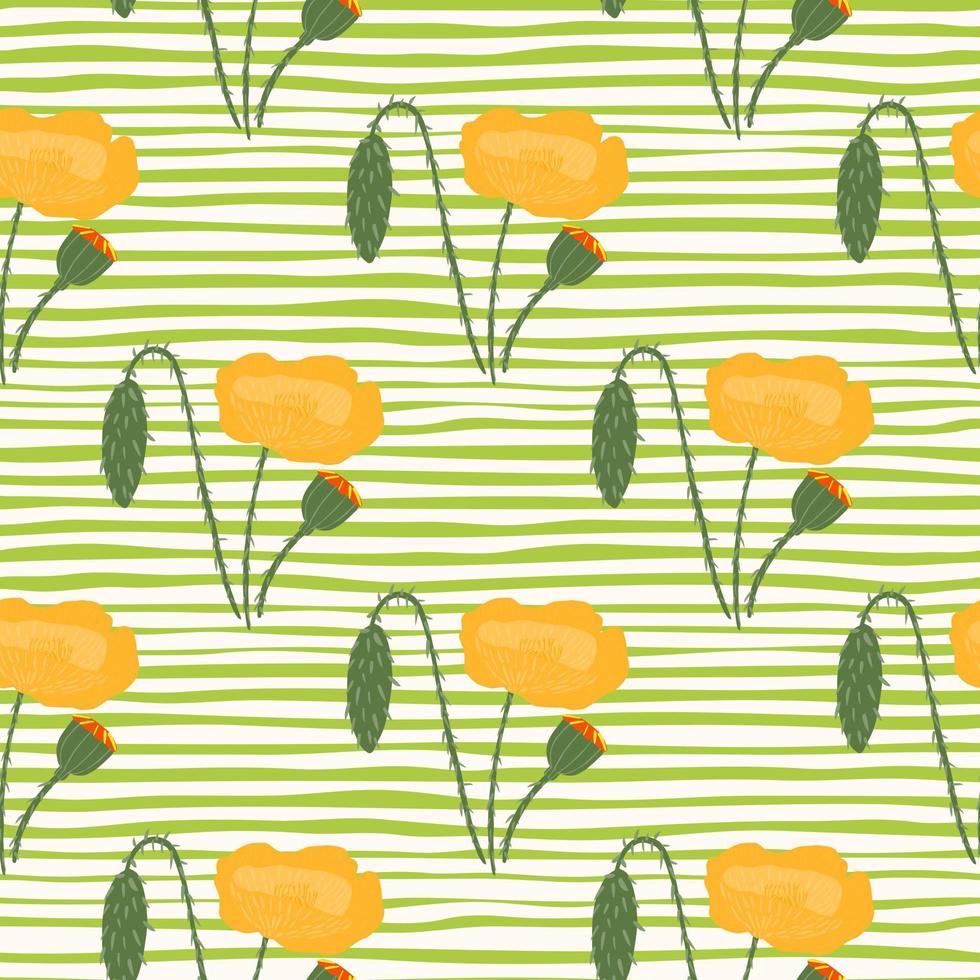 Spring poppy ornament seamless pattern. Orange flowers with stripped background in green color. vector