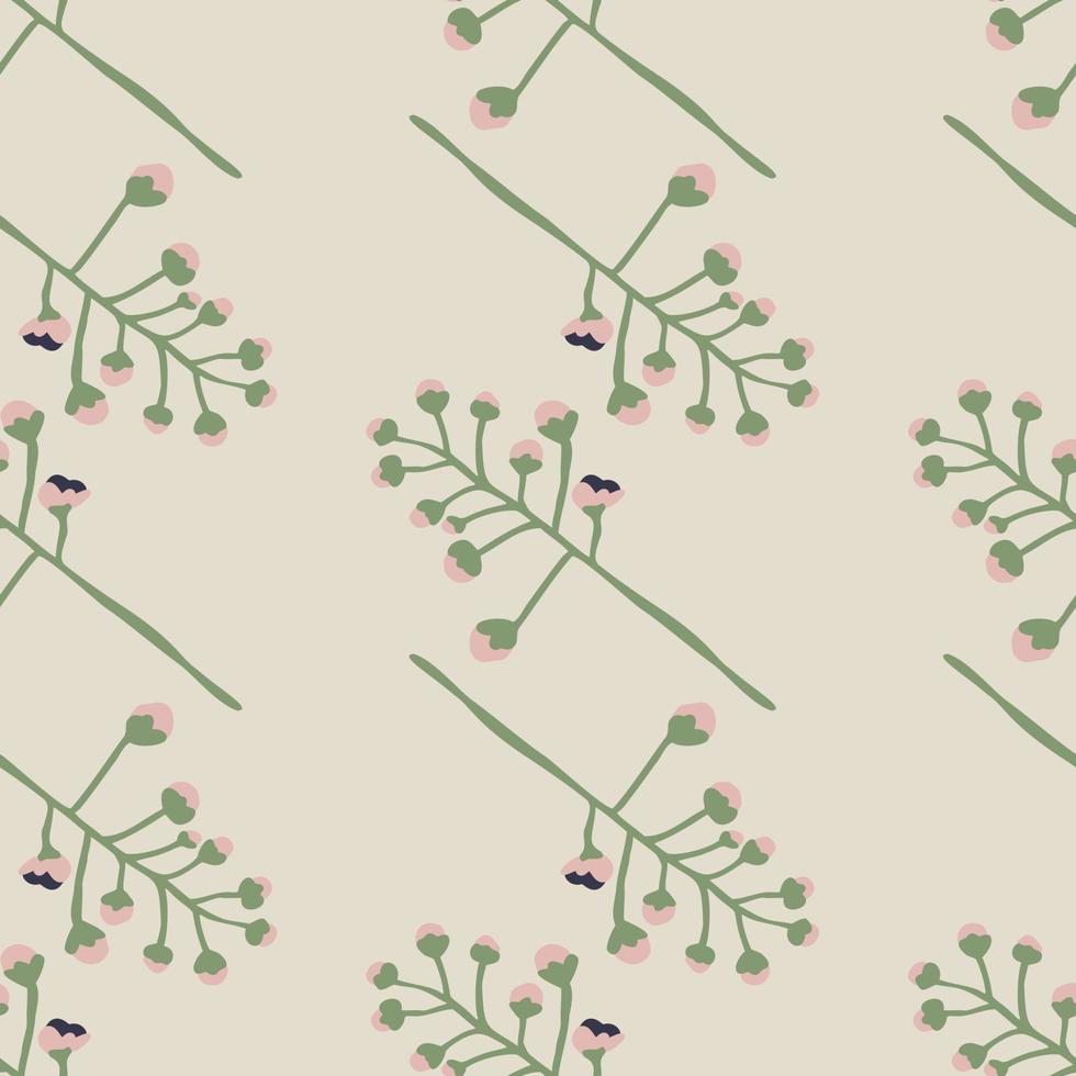 Minimalistic green cotton twigs silhouettes seamless pattern. Green ornament on light pastel background. vector