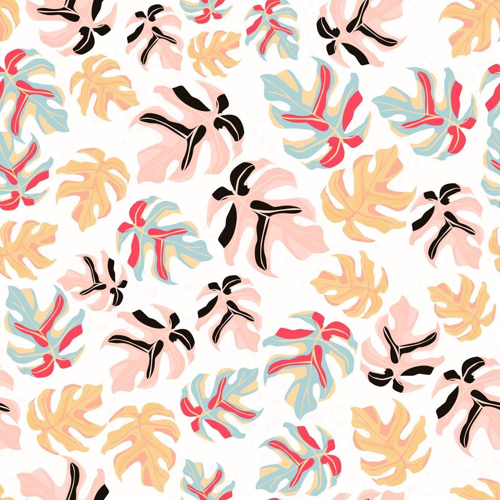 Random isolated monstera seamless pattern. Colorful tropic leaves on white background. Exotic backdrop. vector