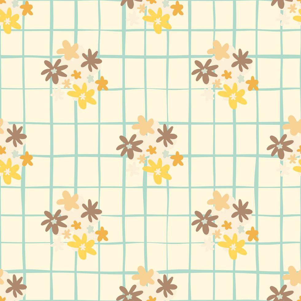 Wildflowers silhouettes seamless naivy pattern. Summer backdrop with chequered background in orange, yellow and brown tones. vector