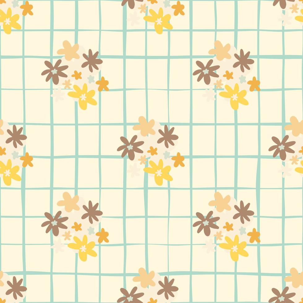 Wildflowers silhouettes seamless naivy pattern. Summer backdrop with chequered background in orange, yellow and brown tones. vector