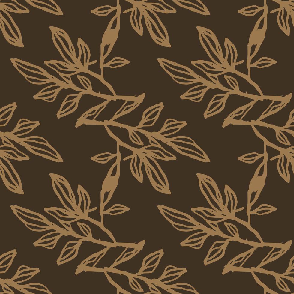 Autumn seamless pattern with branches silhouettes. Brown background with light beige botanic outline ornament. vector