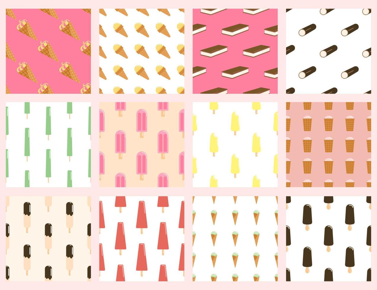 Set of ice cream seamless pattern. Collections popsicles, Frozen Yogurt, ice cream in chocolate glaze on a wooden stick, eskimo and fruit ice flavours wallpaper. vector