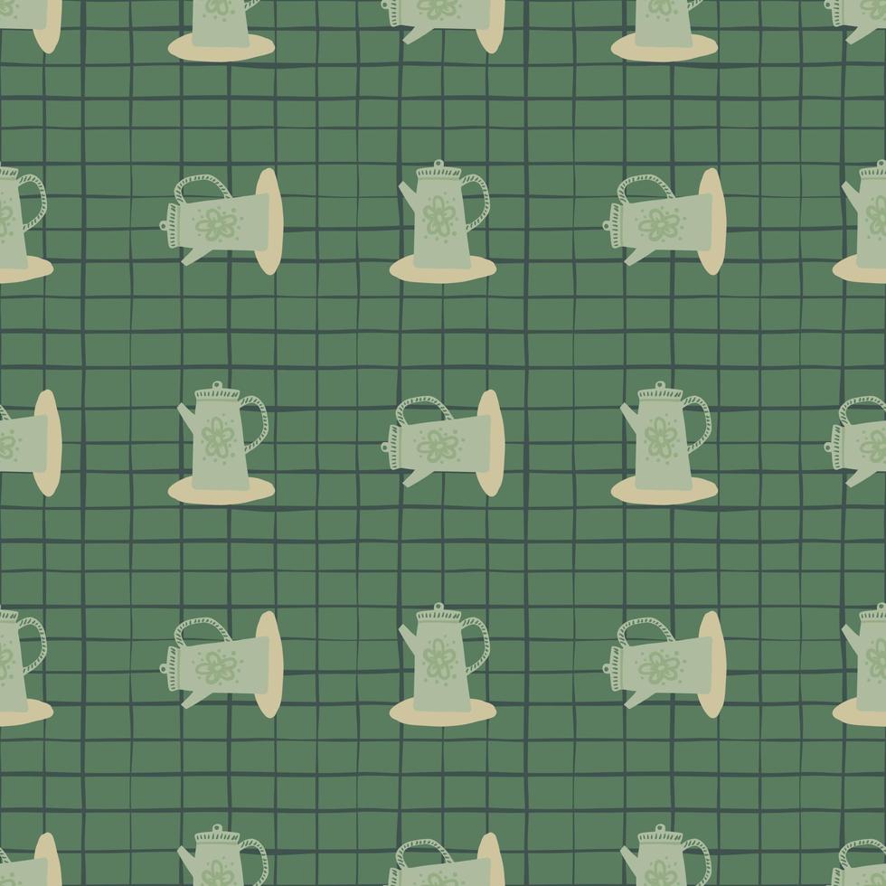 Teapots silhouettes seamless doodle pattern. Hand drawn ornament green palette. Kitchen backdrop. vector