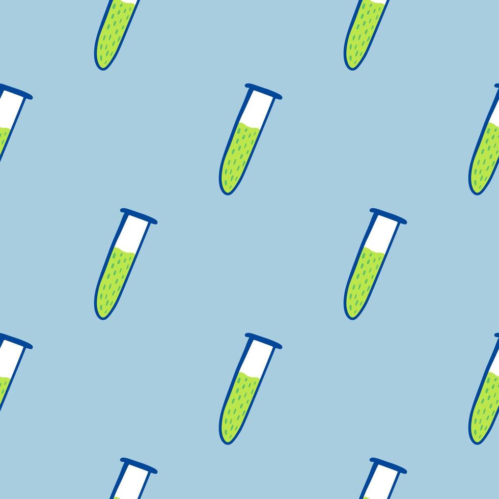 Minimalistic seamless sience pattern with green glass bulb silhouettes. Blue background. Experiment lab backdrop. vector