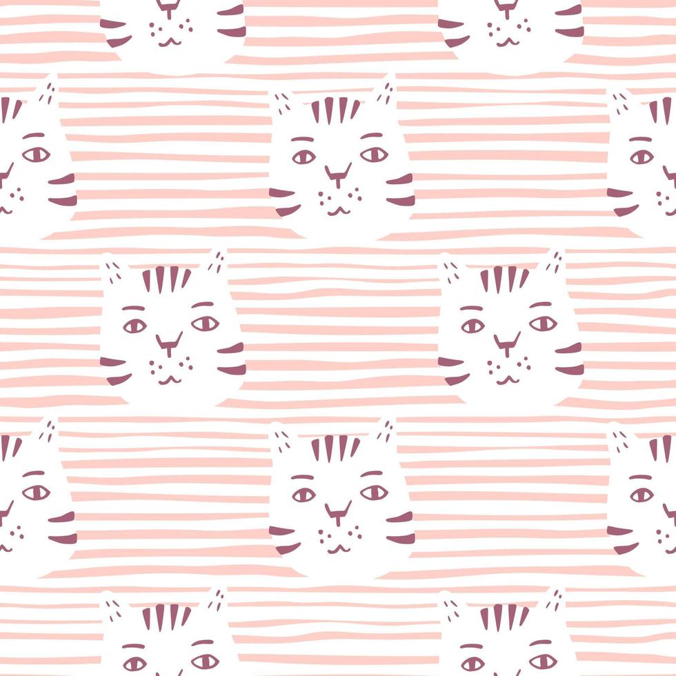 Simple animal seamless pattern with white cat faces. Background with pink strips. vector