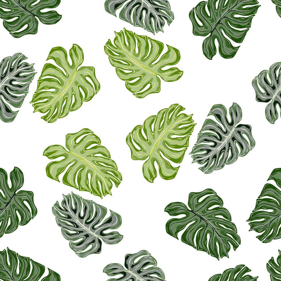 Isolated seamless pattern with green random monstera silhouettes print. White background. vector