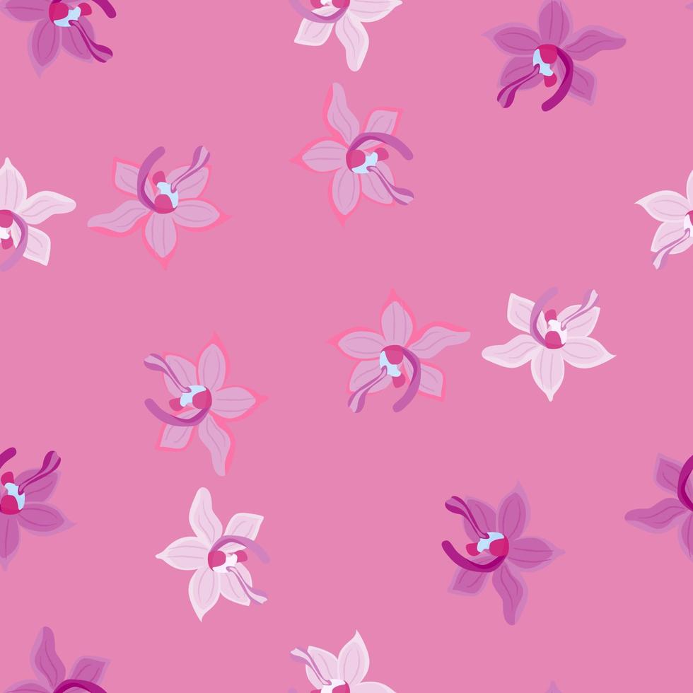 Doodle seamless pattern with cute orchid flowers print. Lilac, purple and pink colored floral backdrop. vector